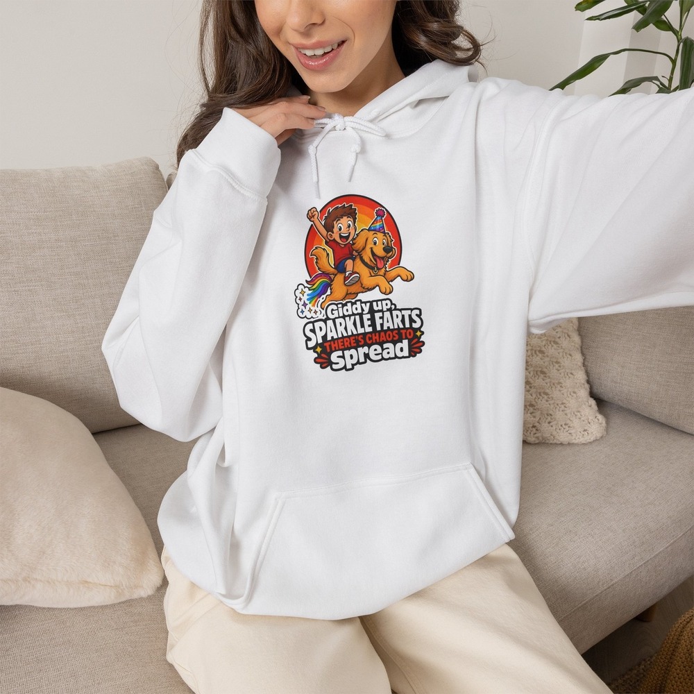 Three Dog Acres Sparkle Farts Dog Boy Chaos Hoodie White Sweatshirt